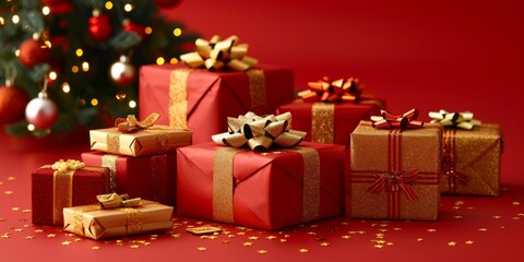 Obraz premium Gifts on the Christmas tree. Festive red background with gift boxes. Happy New Year and Merry Christmas