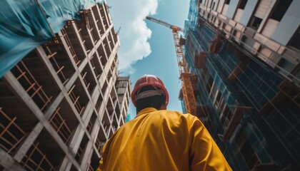 Construction worker looking up at a skyscraper under construction. Concept of urban development and construction industry. Skyscraper, urban, construction background.