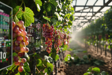 Close-up of ripe red grapes with digital screen data overlay in a vineyard. Concept of modern agriculture technology and precision farming. Vineyard, grape cultivation, smart farming background.