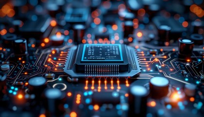 A macro shot of a complex microprocessor with illuminated circuits on a blue PCB