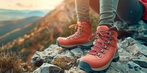 Adventure Awaits: Hiking Boots on Mountain Trail at Sunset. Generative ai