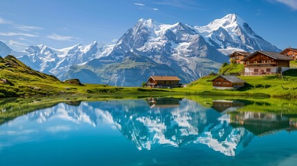 Charming Alpine Village with Snow-Capped Mountains and Reflective Lake
