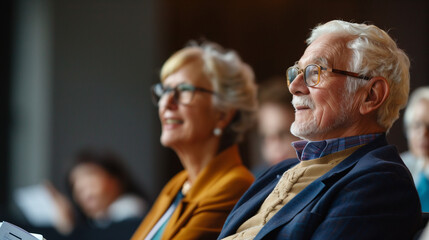 An elderly couple smiling and engaging during a conference presentation, reflecting active senior participation and enthusiasm.
