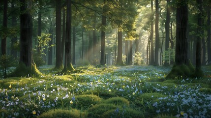 Obraz premium Sunlit Forest with Blooming Wildflowers and Tall Trees 