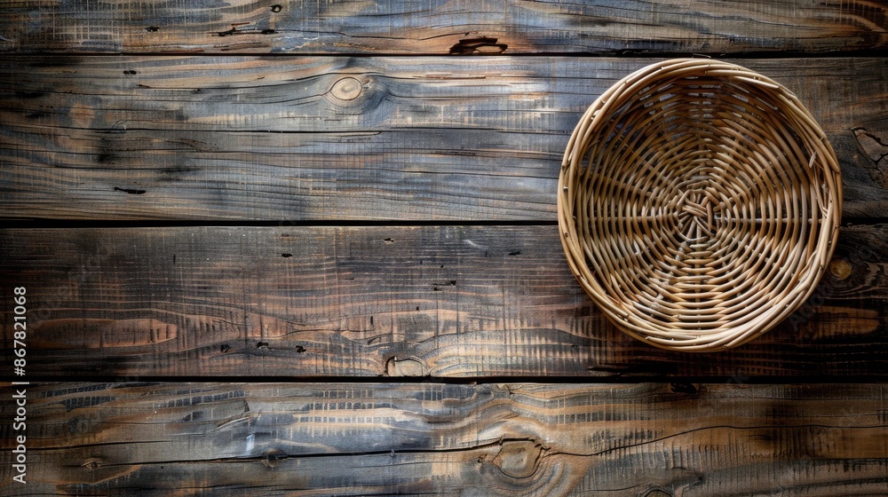 Poster round wicker basket on a weathered wooden surface with space for text viewed from above
