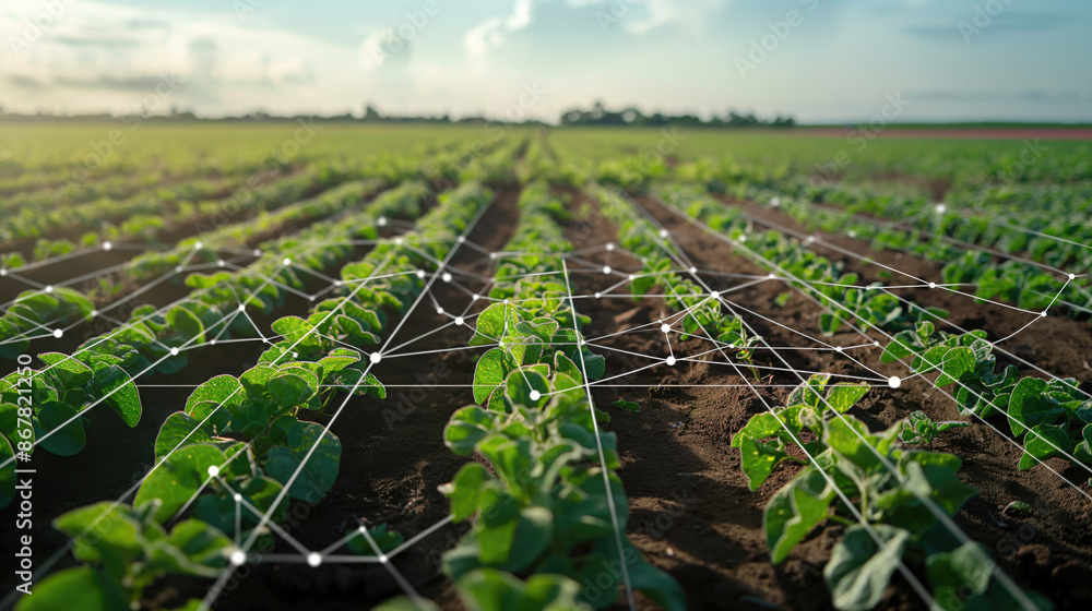Poster soybean field with digital network overlay illustrating smart farming. concept of modern agriculture