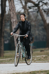 A young, stylish businesswoman enjoys a leisurely bike ride, exuding elegance and self-assurance in an urban park setting.