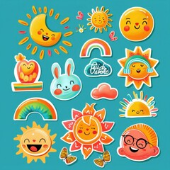 Colorful Cartoon Stickers on Blue Background. Generative ai.