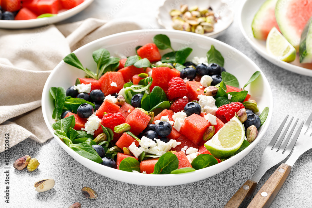 Sticker watermelon and feta cheese salad with blueberry, raspberry, pistachios and fresh greens