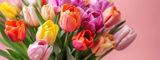 Obraz premium Banner of colorful bouquet of tulips on pink background for design of postcard, website, holiday greetings, happy birthday, mother's day