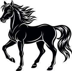 Obraz premium A black horse with long hair is standing on a white background
