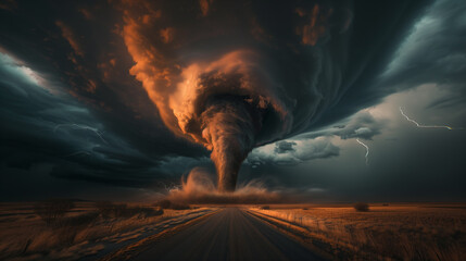 Dramatic Tornado on Open Road with Lightning and Dark Sky