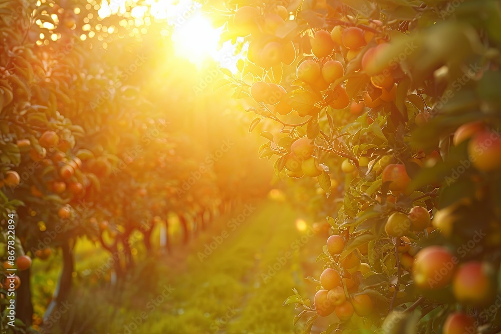 Poster A close-up view of ripe apples on a tree branch in an orchard, bathed in the warm glow of the setting sun. Generative AI