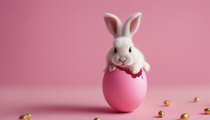 Obraz premium Precious Easter bunny with fluffy white fur and pink paws emerging from a cracked pink egg on a tranquil pastel pink backdrop with space for copy