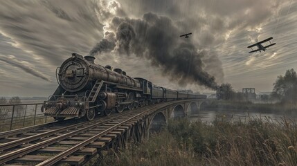 Fototapeta premium Vintage steam engine with smoke on a rail bridge, two biplanes in flight in the background.