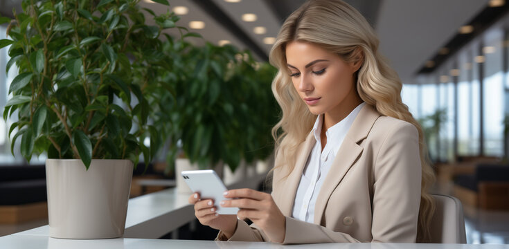 Une femme d'affaires experte jongle avec son smartphone et son ordinateur, orchestrant des communications fluides pour une journ&eacute;e de travail efficace.