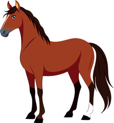 Obraz premium A cartoon horse with a brown mane and tail stands on a white background