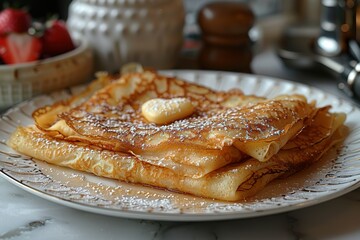 A stack of pancakes with powdered sugar and a butter patty on top