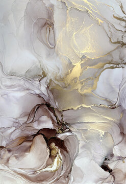 Abstract pink marble with gold &mdash; fluid art background with golden potal, stone texture made with alcohol ink. Big pink with brown natural marble backdrop resembles gold watercolor or aquarelle.