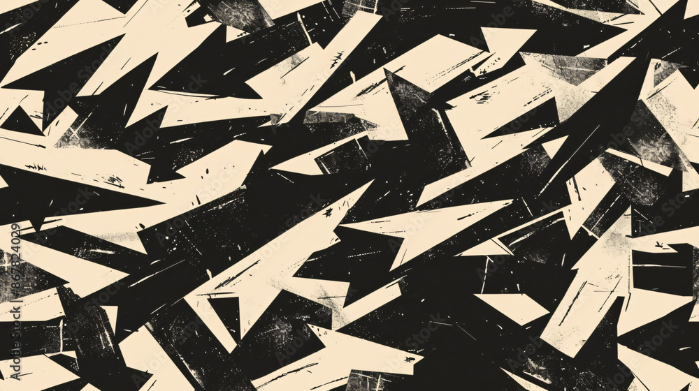 Poster Dynamic composition of distressed black and beige arrows in a seamless pattern, ideal for backgrounds and prints