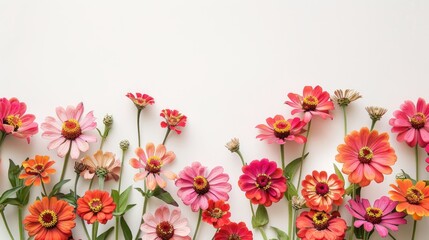 Zinnia flowers against white backdrop
