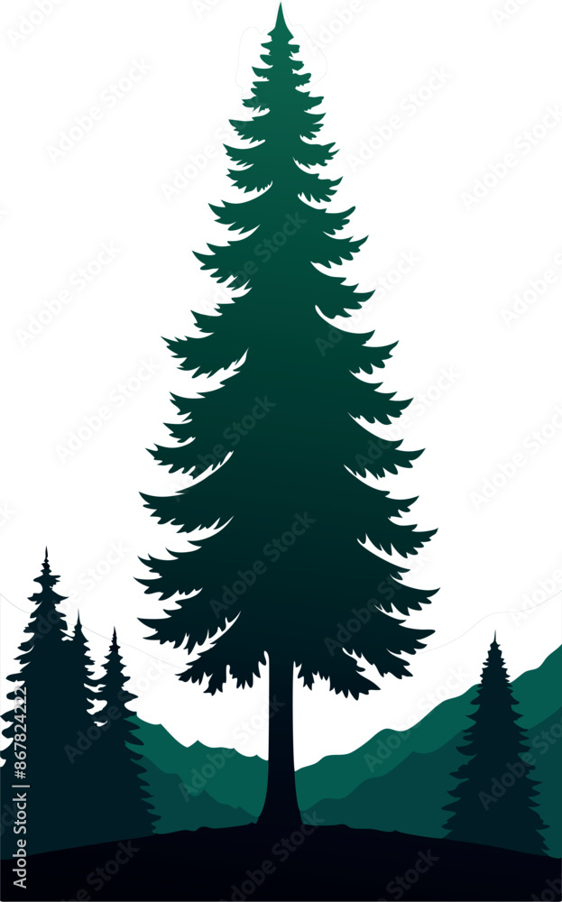 Poster a tall green tree with a few smaller trees in the background