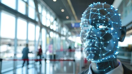 In a modern city setting, a woman is undergoing face recognition and biometric scanning in a hightech environment AIG62