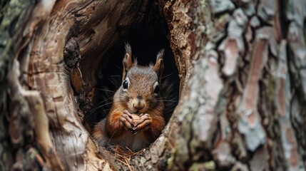 Squirrel eating nut in tree hollow