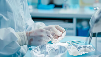 Close up of dentist hands in white sterile gloves holding dental tools for surgical use packed in a protective foil at dental office