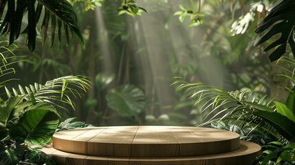 Wooden display podium, jungle forest with sunlight. Showcasing products