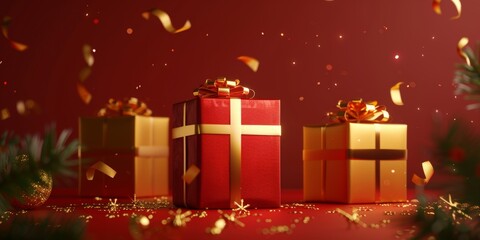 Festive red background with gift boxes. Happy New Year and Merry Christmas