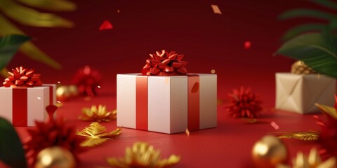 Festive red background with gift boxes. Happy New Year and Merry Christmas