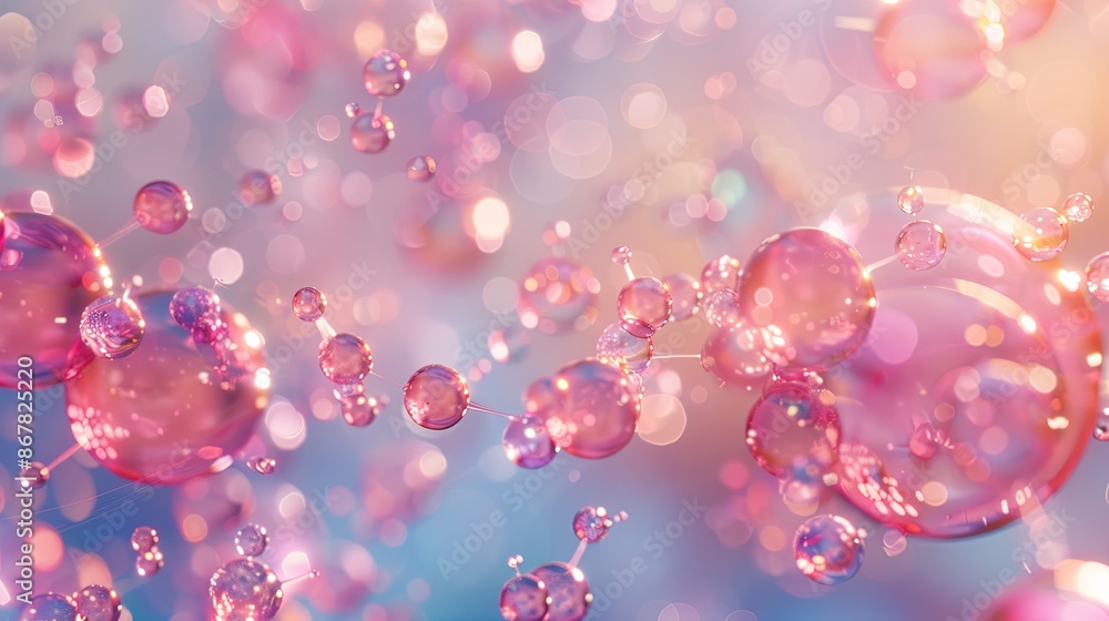 Poster An abstract image featuring pink bubbles floating in a soft, pastel light. The image creates a dreamy and ethereal atmosphere. Generative AI