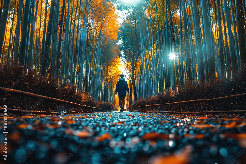 Poster a man walks through a forest with trees in the background