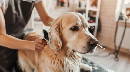 A groomer carefully brushing a dog's fur, gently removing tangles and loose hair in a well-lit grooming salon.