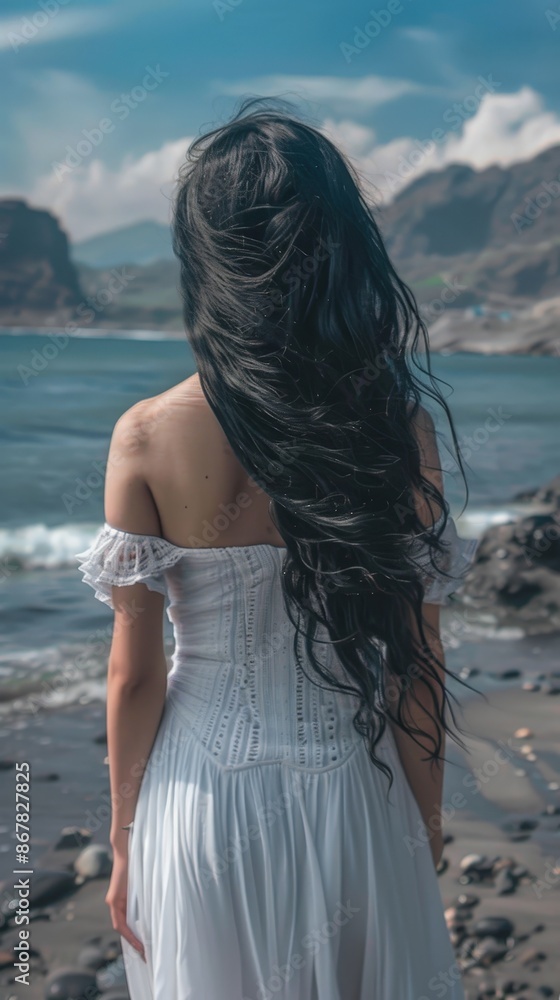 Canvas Prints a woman with long black hair standing on a beach