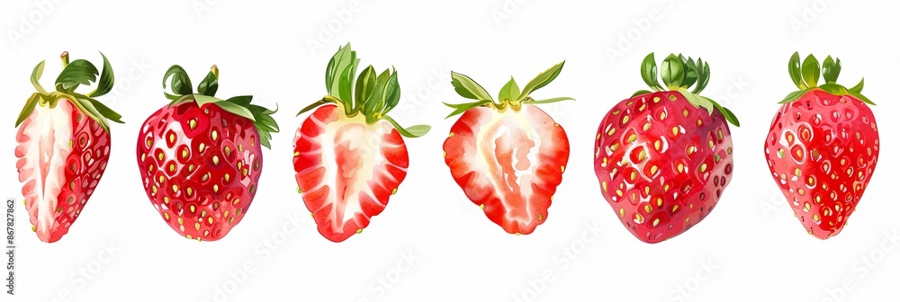 Poster a row of six strawberries with green leaves, some whole and some cut in half, arranged on a white ba
