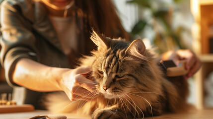 A woman gently brushing her cat's fur on a table. The cat looks calm and content. Perfect for promoting pet grooming products and services.