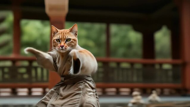 A red cat karateka in a martial arts costume poses in a fighting stance against the backdrop of a traditional oriental temple, a comical and unique scene