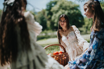 Three young women, likely sisters, share a peaceful and joyful moment together outdoors in a sunny park setting, enjoying each other's company and a picnic.