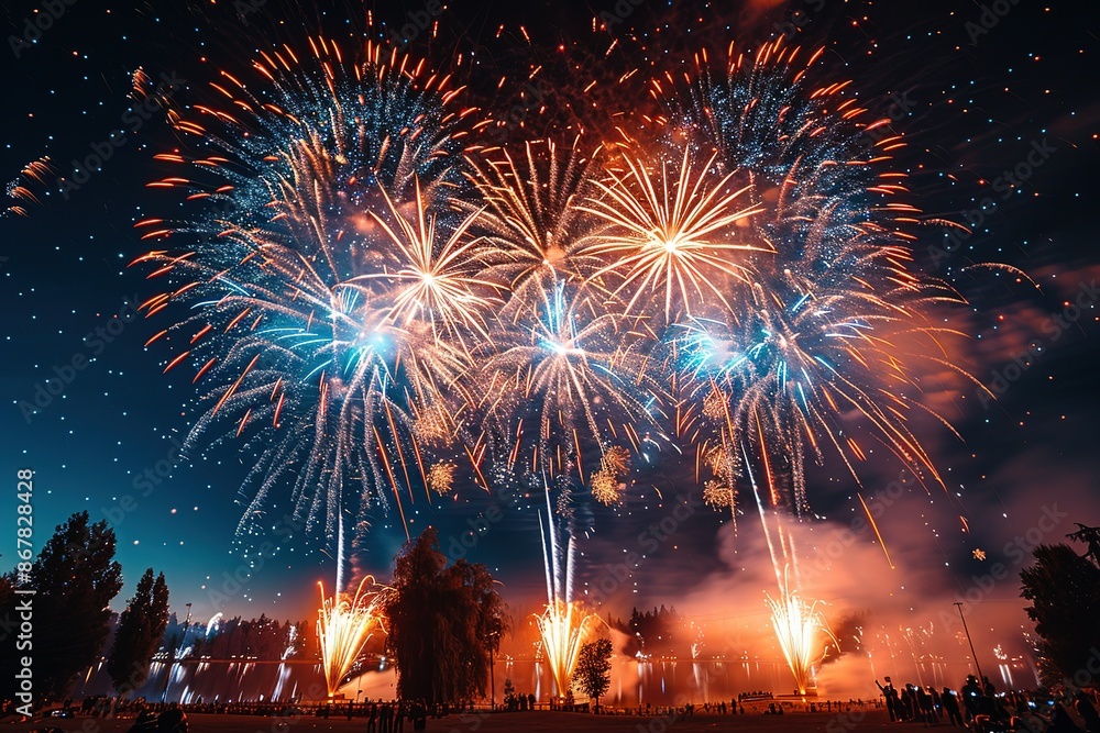 Poster a fireworks display with a large number of fireworks in the sky