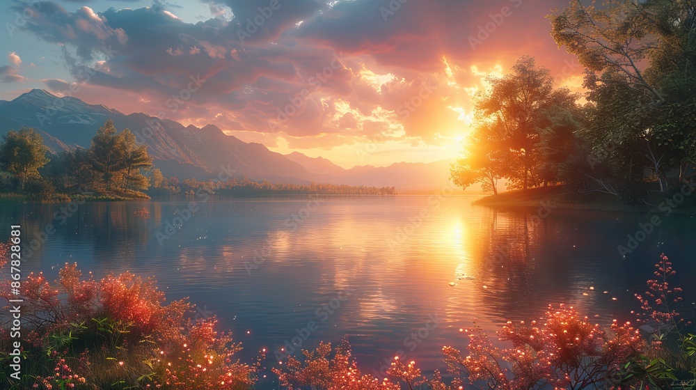 Wall mural A stunning image capturing a sunset over a tranquil lake, with colorful foliage and majestic mountains forming the backdrop against a dramatic sky.