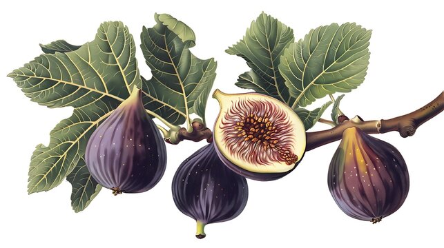 Series of illustrations the Fig Ficus carica highlighting its summer to early fall seasonality origins in the Mediterranean region and Middle East and culinary uses with visuals of fig tree varieties