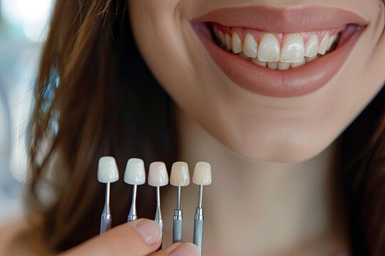 A woman holds a dental shade guide while smiling, showcasing her white teeth. Generative AI