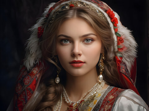 Portrait of an russian woman. russian beauty young woman in russian national costume. generative AI