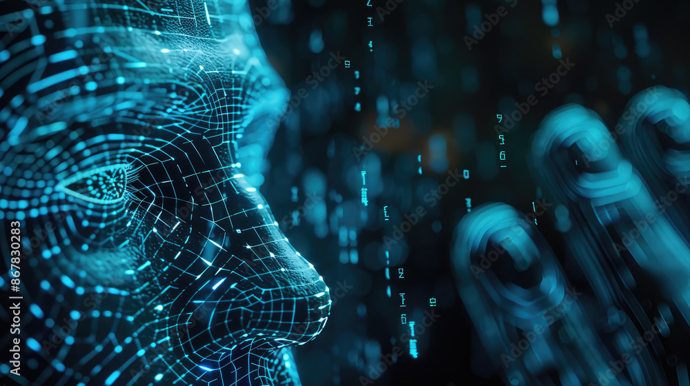 Poster facial recognition technology, person face with data of ai biometric system, 3d digital scanning and