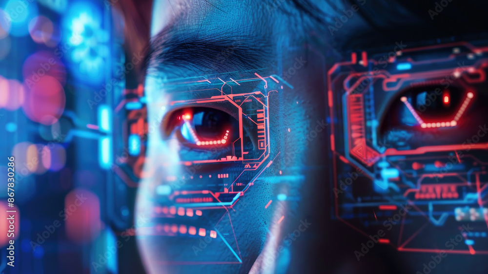 Aufkleber facial recognition technology, face of man with data of ai biometric system, 3d digital scanning and