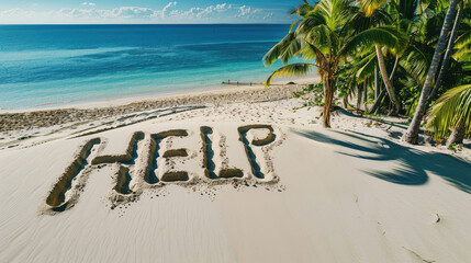 Deserted beach of uninhabited tropical island, sand with inscription HELP from lost in sea. Aerial view of empty ocean shore. Concept of shipwreck, travel, castaway, message