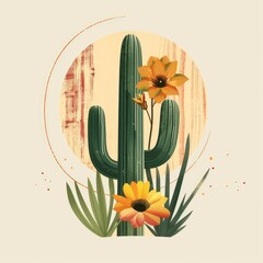 Boho green cactus and desert flower on a cream background, illustration made with Generative Ai