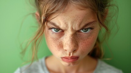 Naklejka premium A teenage girl with a wrinkled nose and scrunched-up face, showing disgust, against a dull green background.